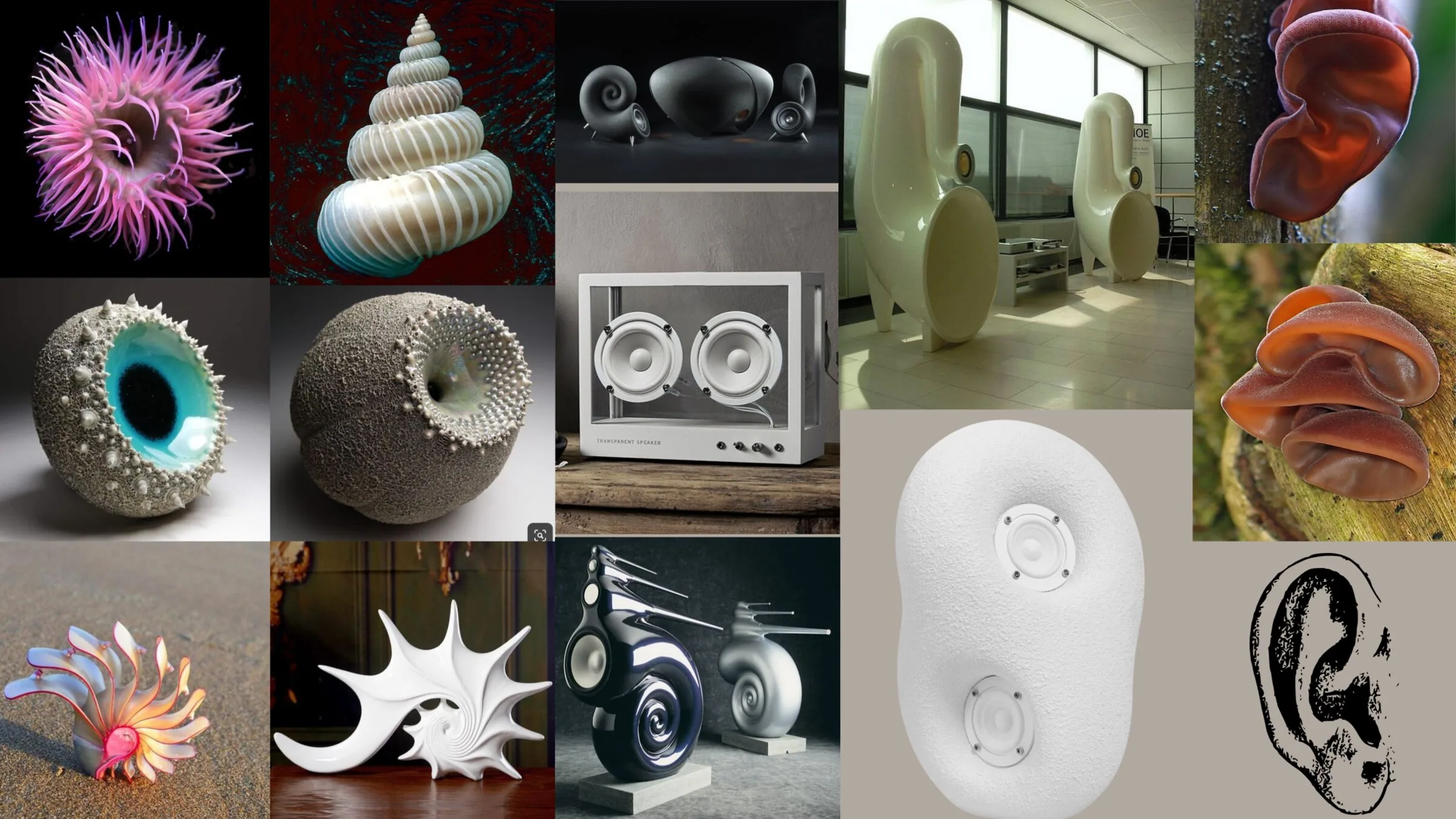 Moodboard with sea anemones, shells, sea urchins, shell-shaped speakers and an ear