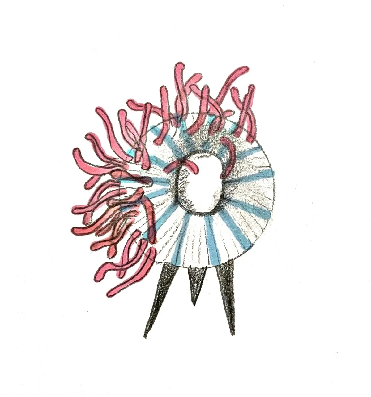Colour sketch of a speaker shaped like a sea anemone on three legs
