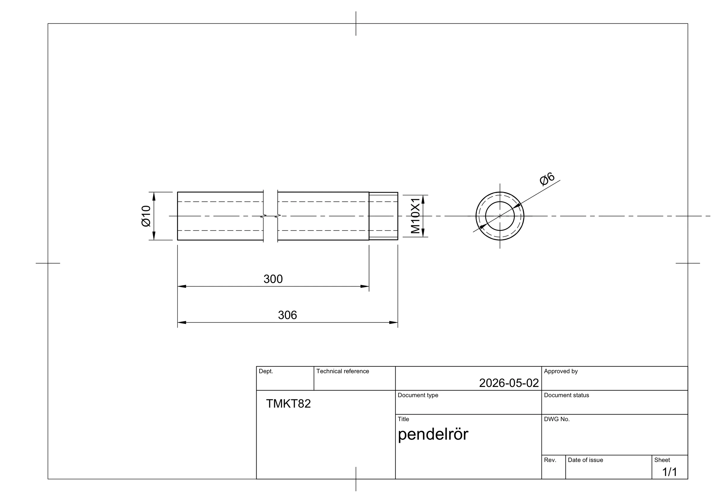 Gravity pipe, 300 mm, M10 thread