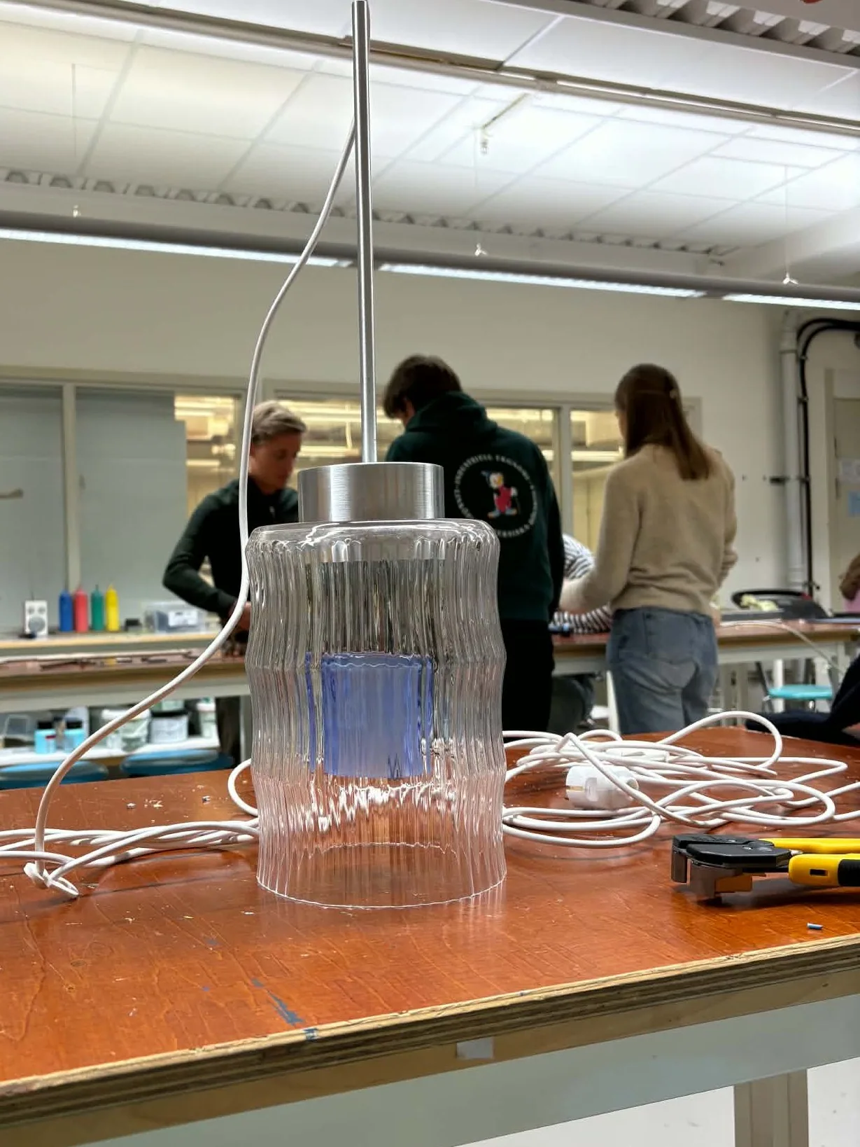 The assembled Celina prototype standing on a workbench