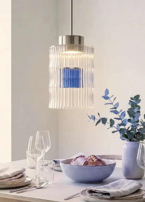 Rendering of Celina with a blue inner vase above a dining table