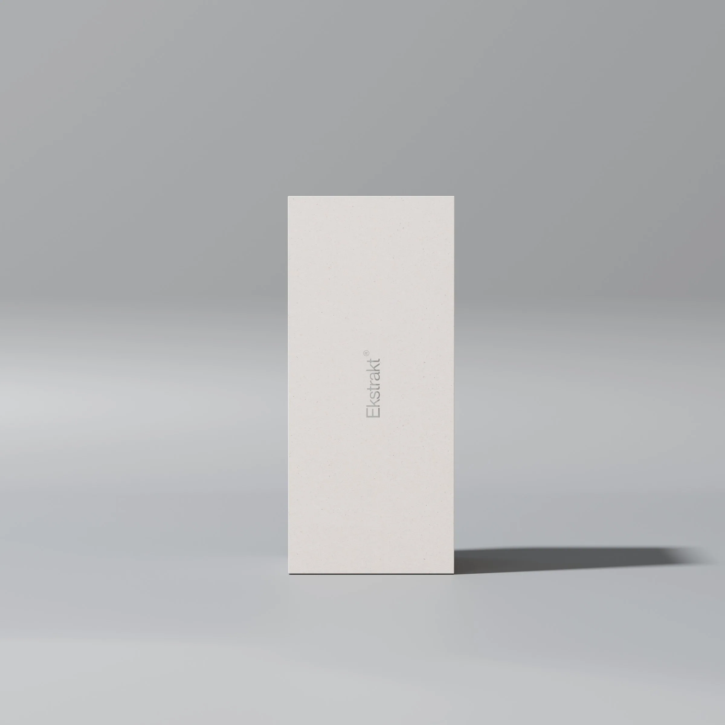 Tall box with the wordmark upright in grey