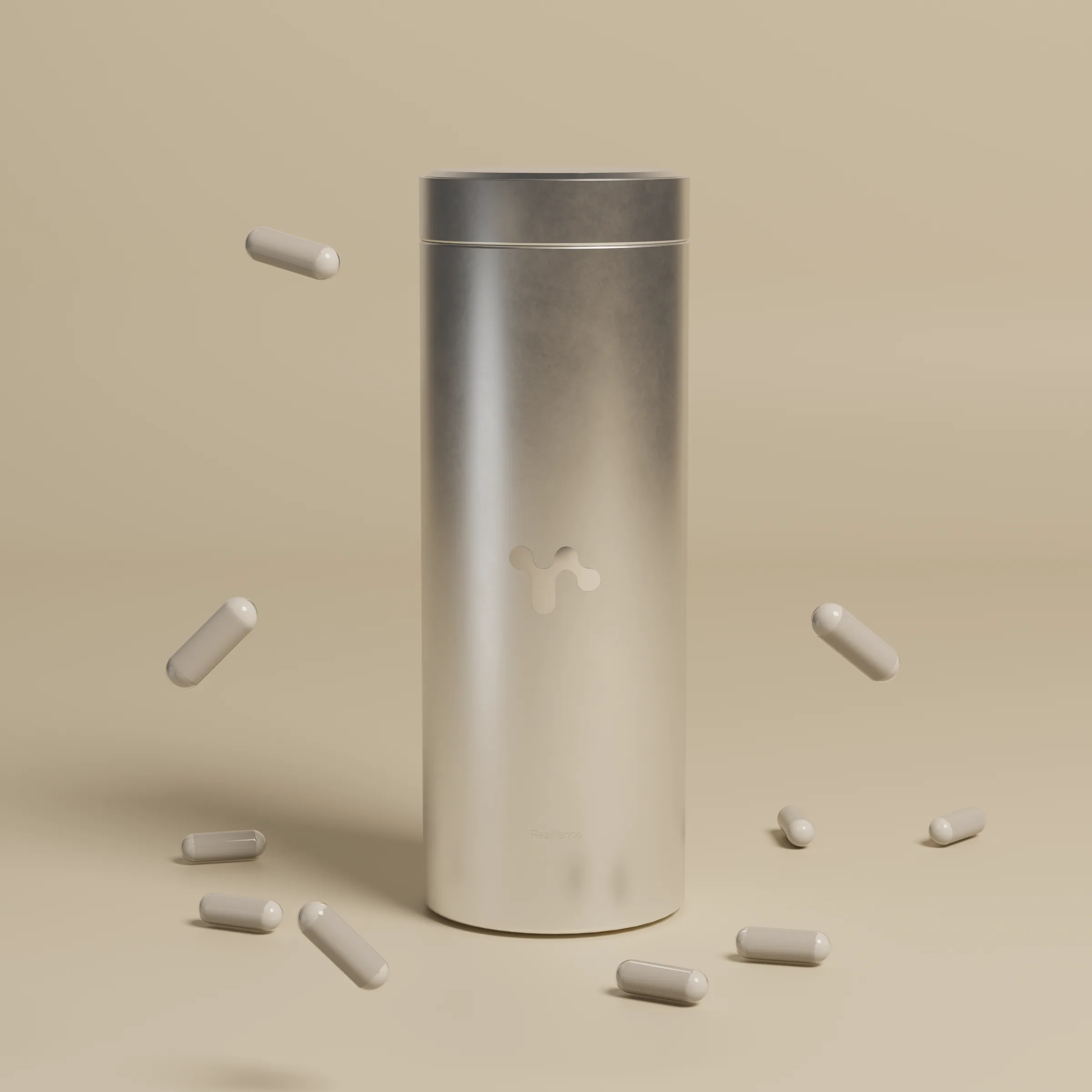 The tin and capsules on a beige background