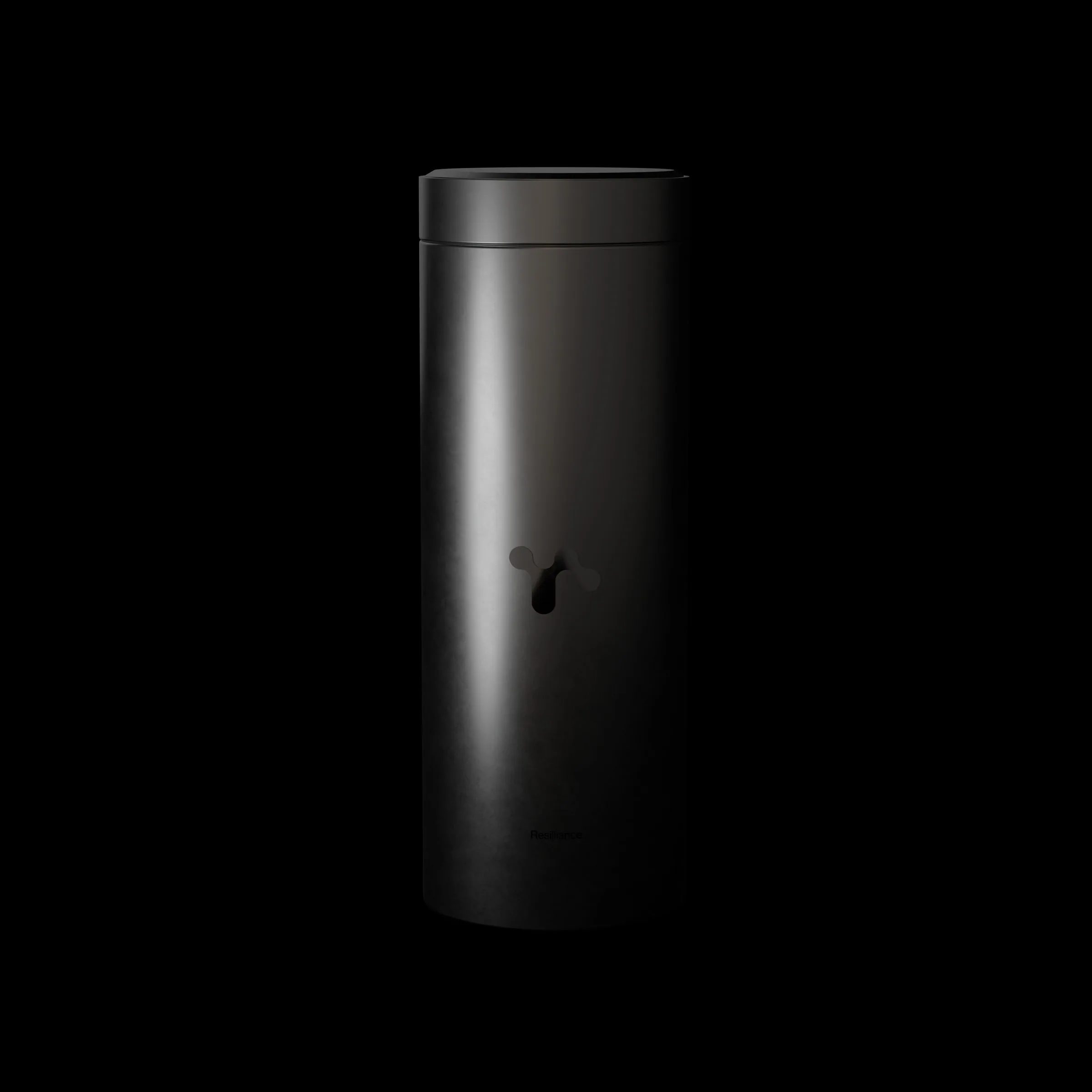 A dark tin with the symbol, lit from the side against black