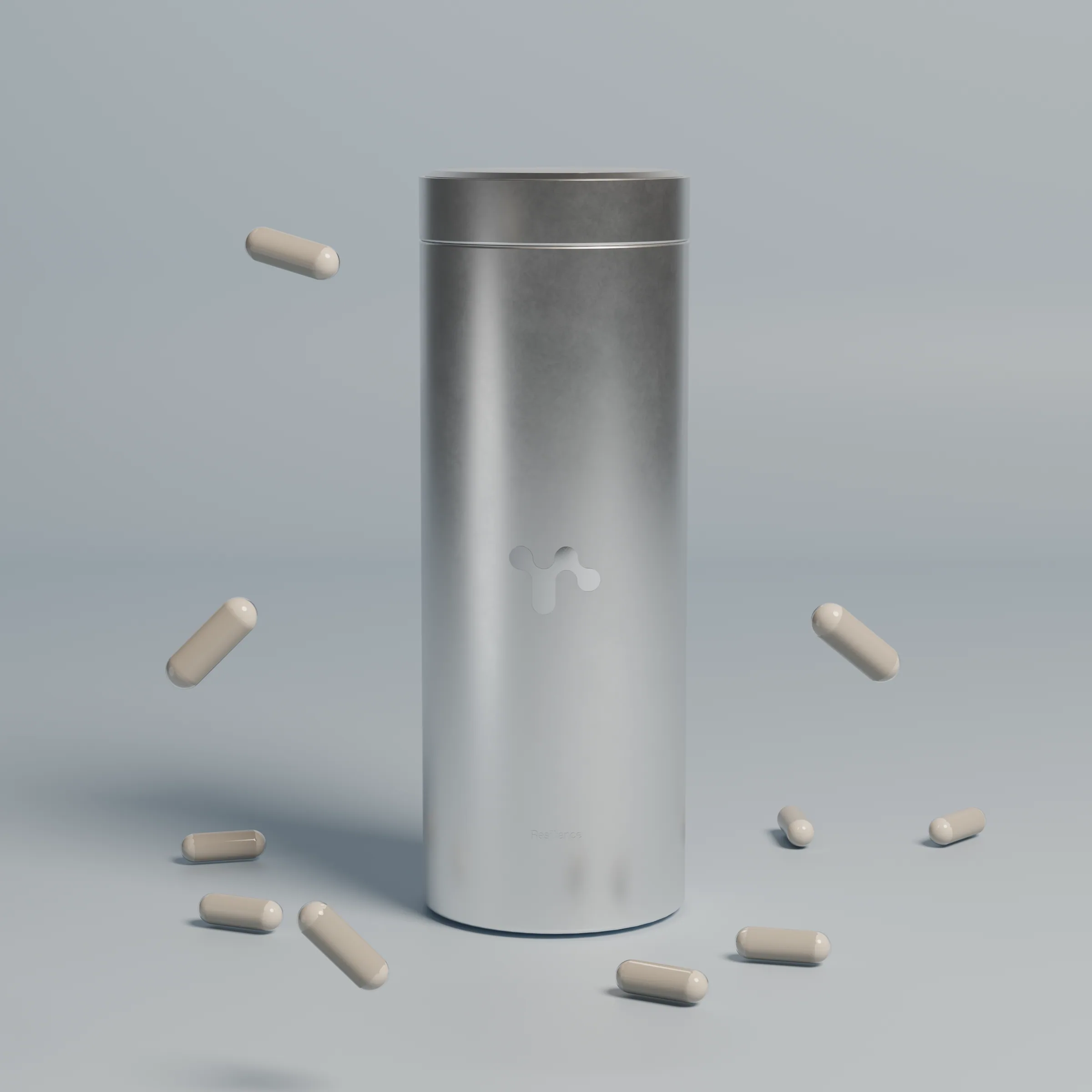 Rendering of a tall brushed aluminium tin surrounded by capsules on a blue-grey background