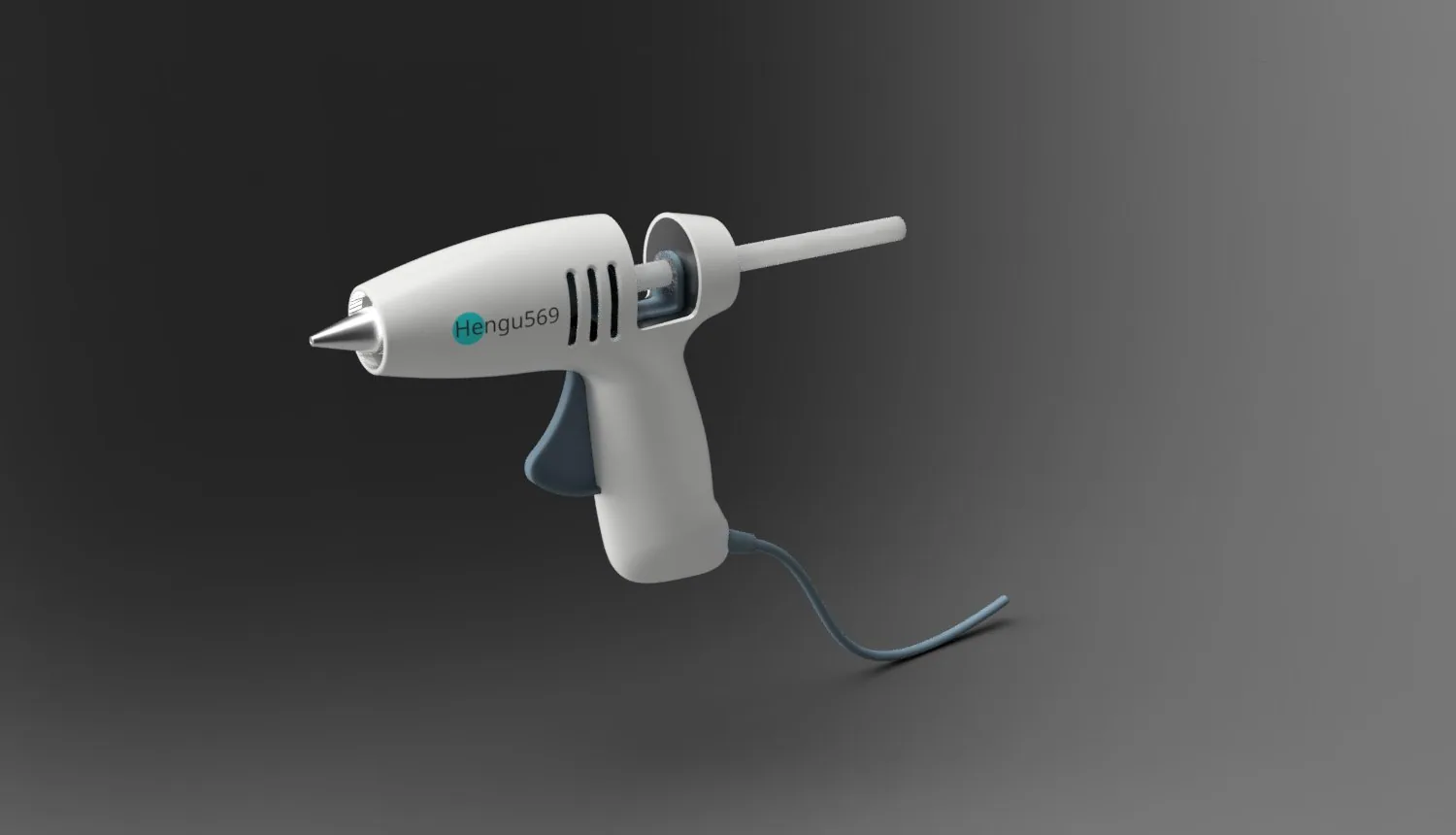 Rendering of the white glue gun with a grey trigger and cable