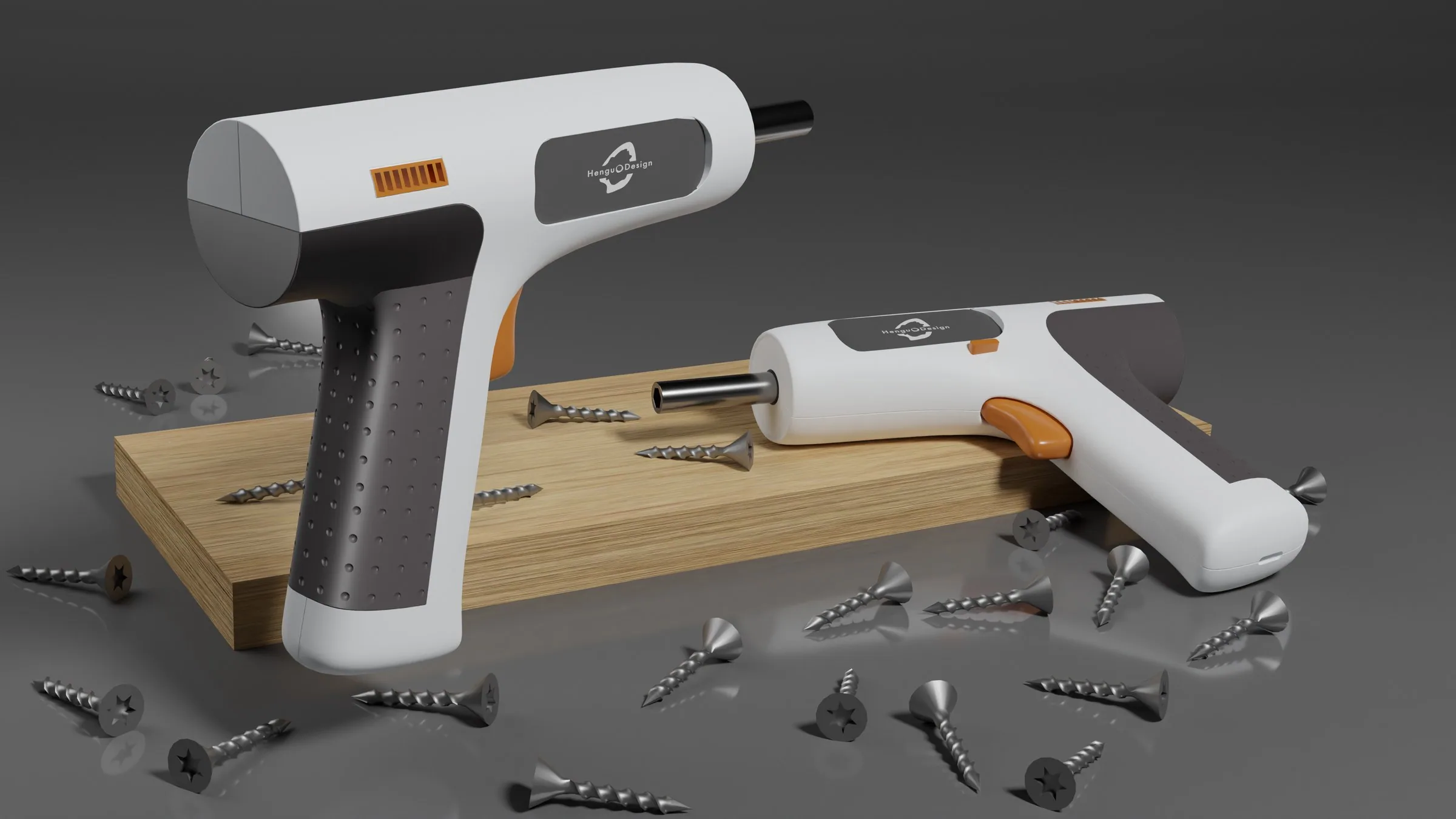 Two white and grey cordless screwdrivers on a wooden board with scattered screws