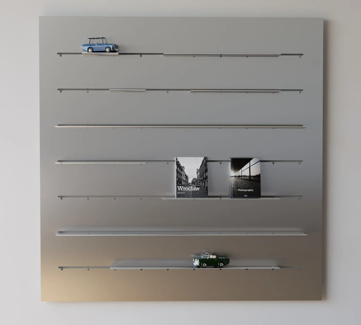 3D model of the steel wall panel with shelves. Drag a shelf to move it to another row, or past the right edge to hang it on the side.