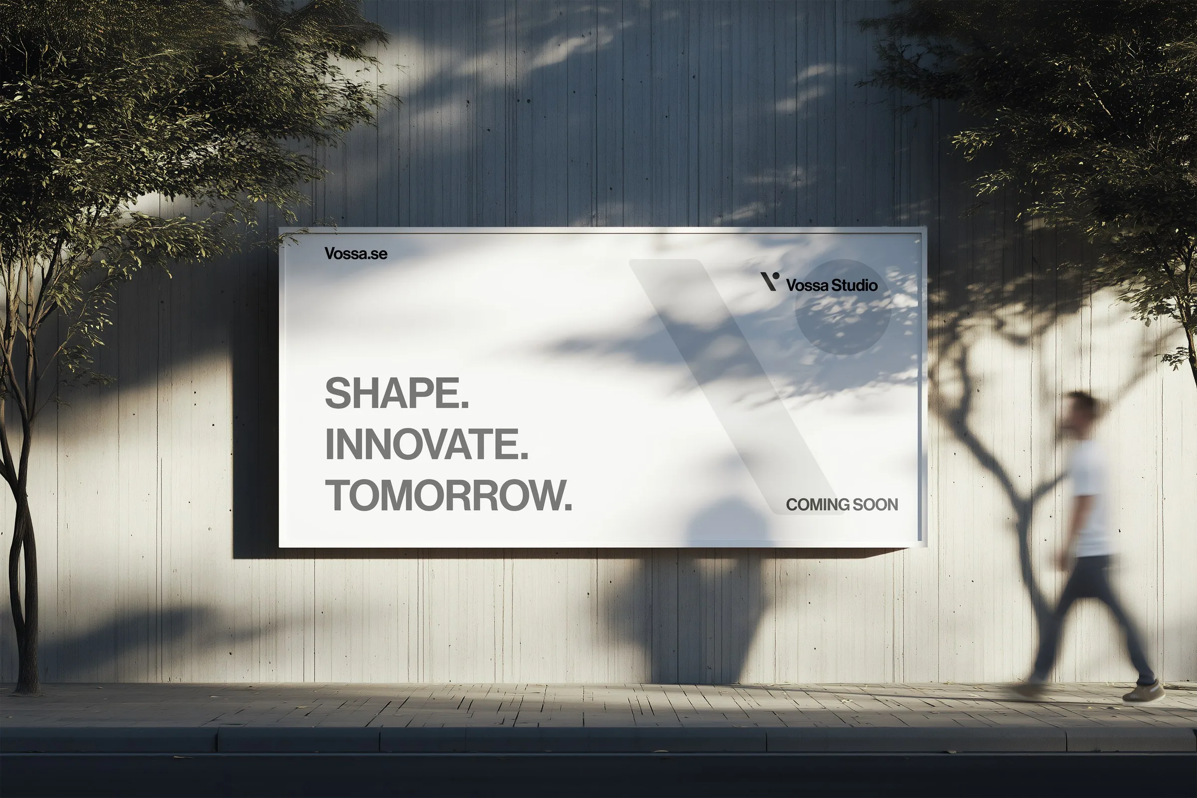 Billboard on a concrete wall: Shape. Innovate. Tomorrow. Vossa Studio, coming soon
