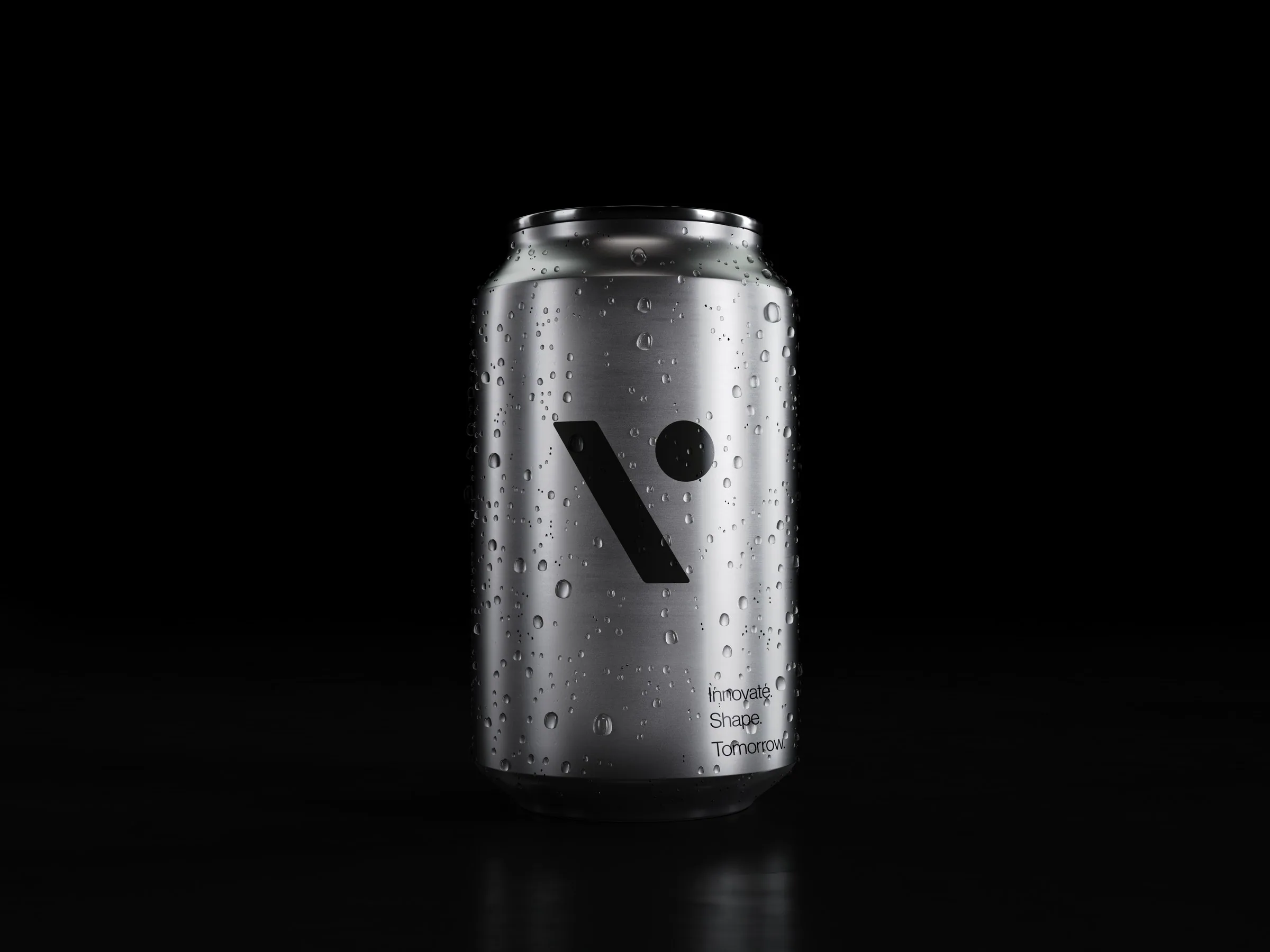Brushed aluminium can with the Vossa mark and water drops, on black