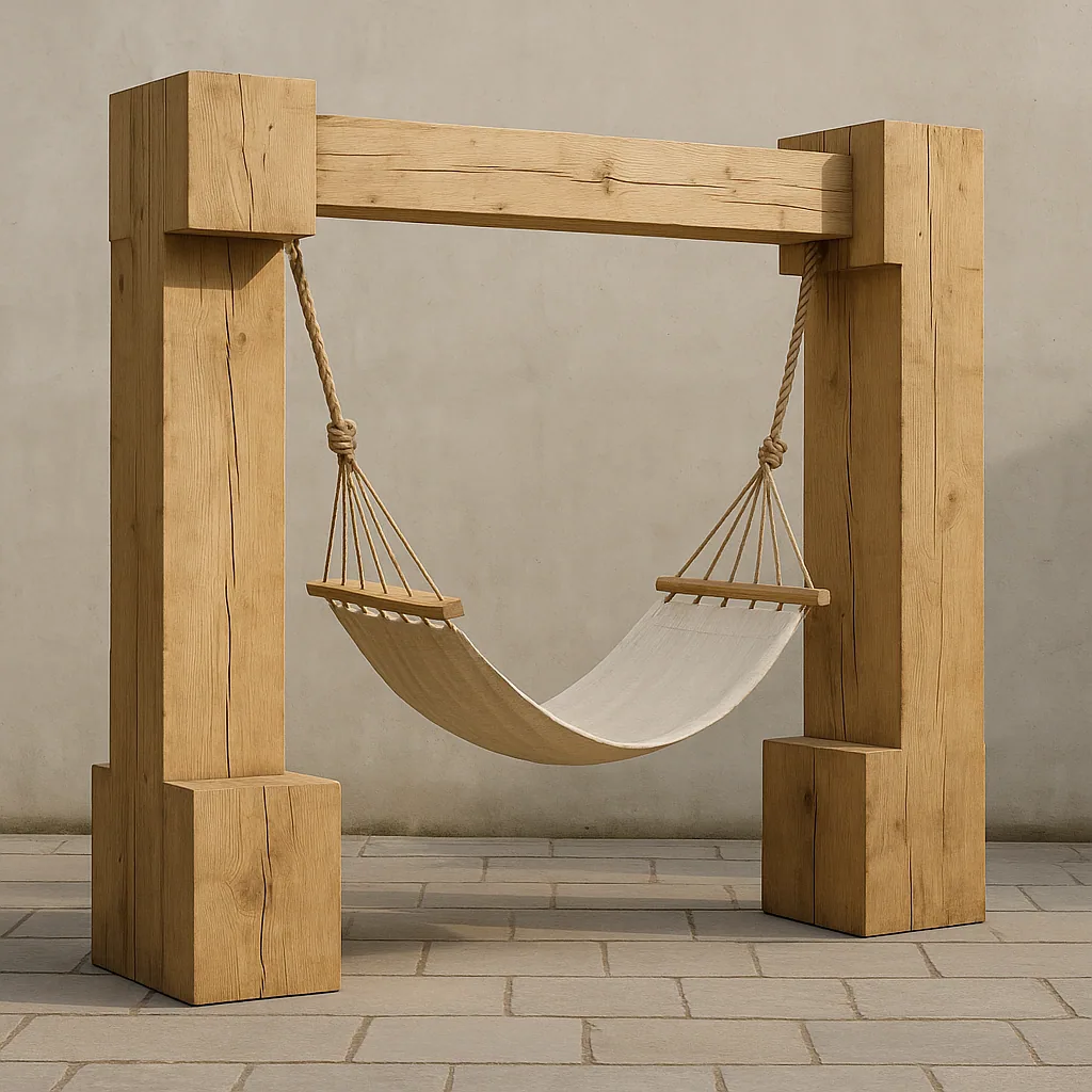 AI-generated image of a fabric hammock hanging between two heavy timber posts