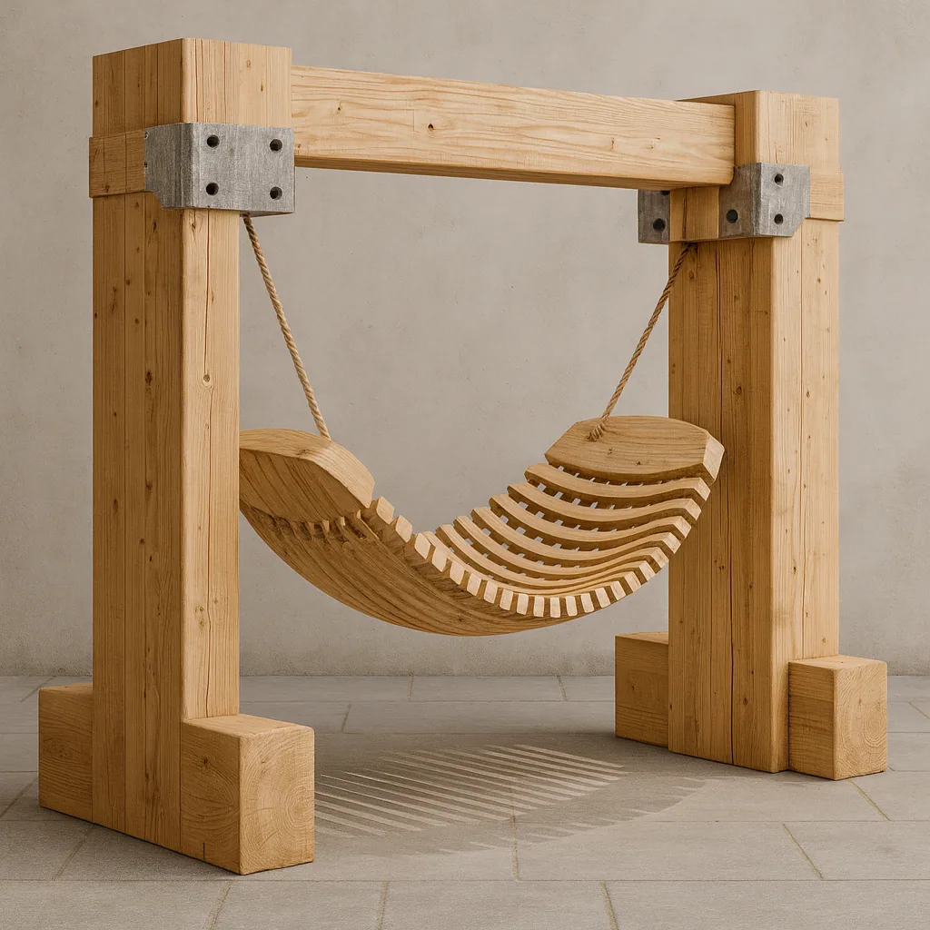 AI-generated image of a curved slatted wooden seat hanging in a timber frame with steel brackets