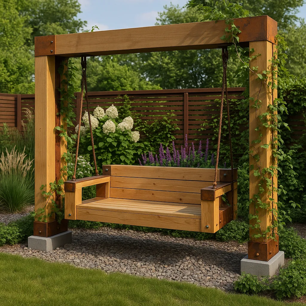 AI-generated image of a wooden bench swing hanging in a heavy timber frame in a garden