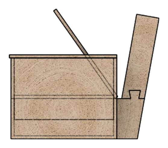 Sketch-style CAD side view of the sofa with the seat lifted