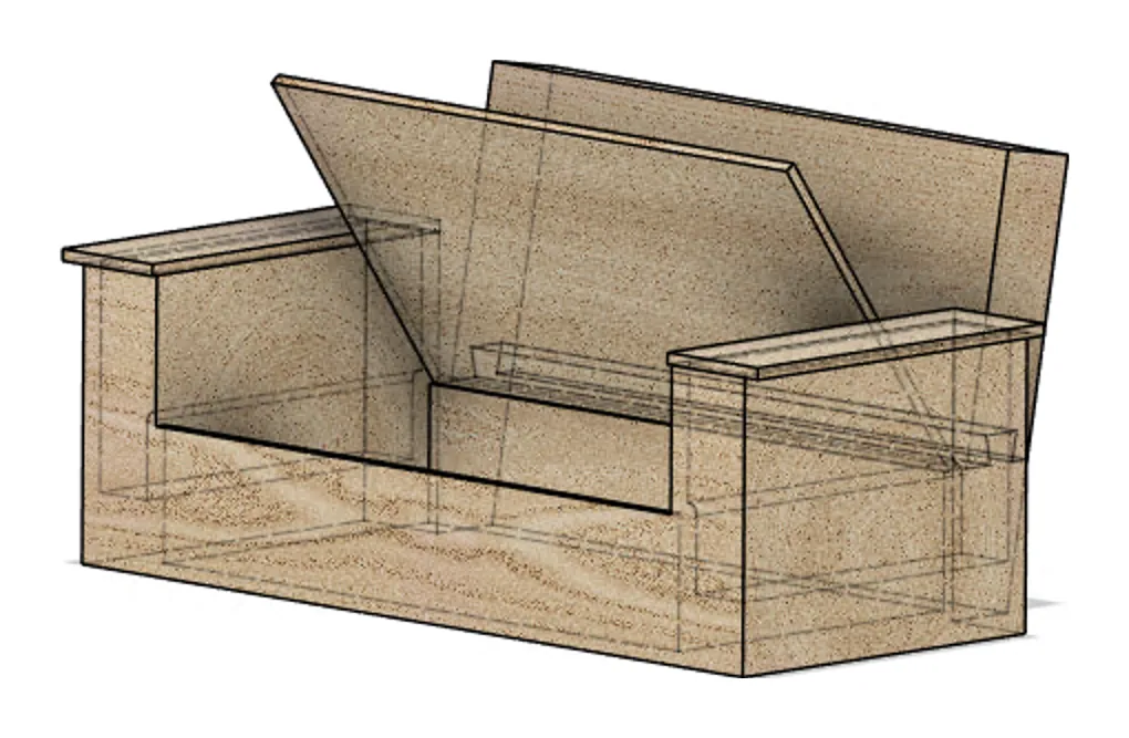 Sketch-style CAD perspective of the sofa with hidden lines showing the inside