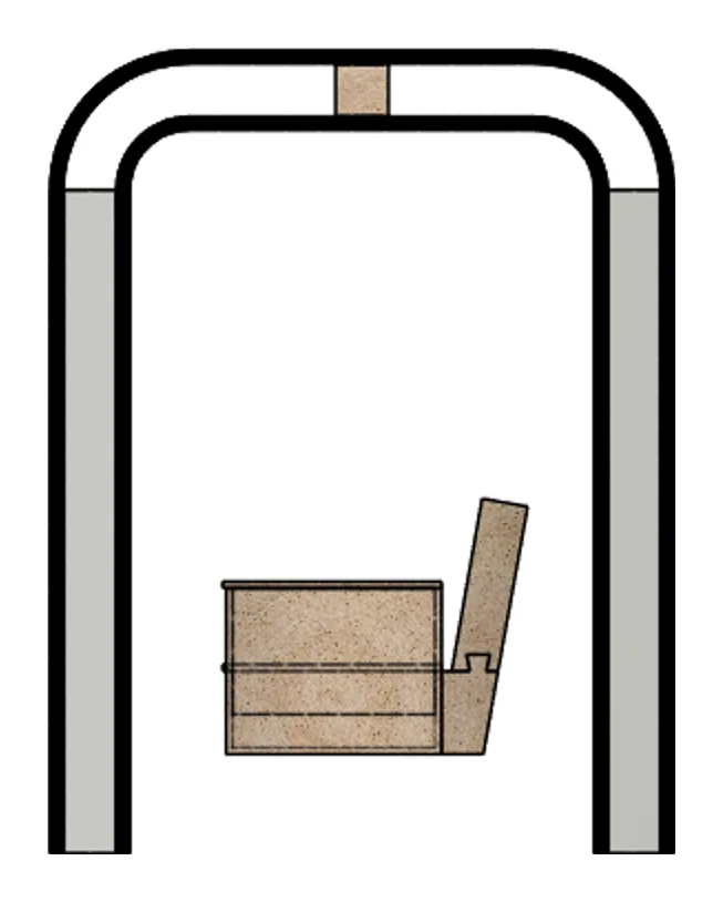 Sketch-style CAD side view of an arched frame with the sofa hanging inside