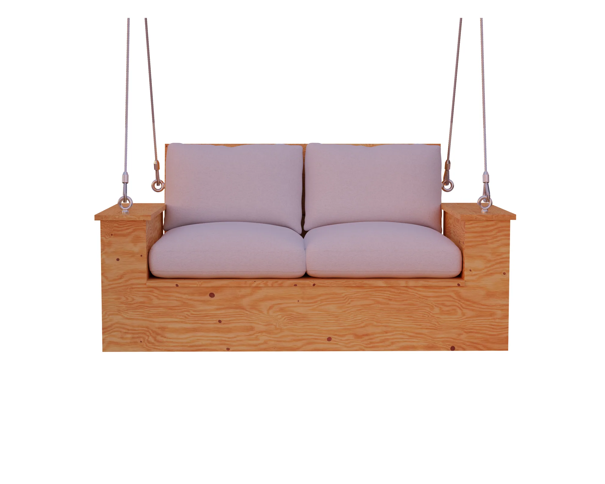 Close-up of the timber sofa with pink cushions; steel wires fixed to eye bolts on the armrests and backrest