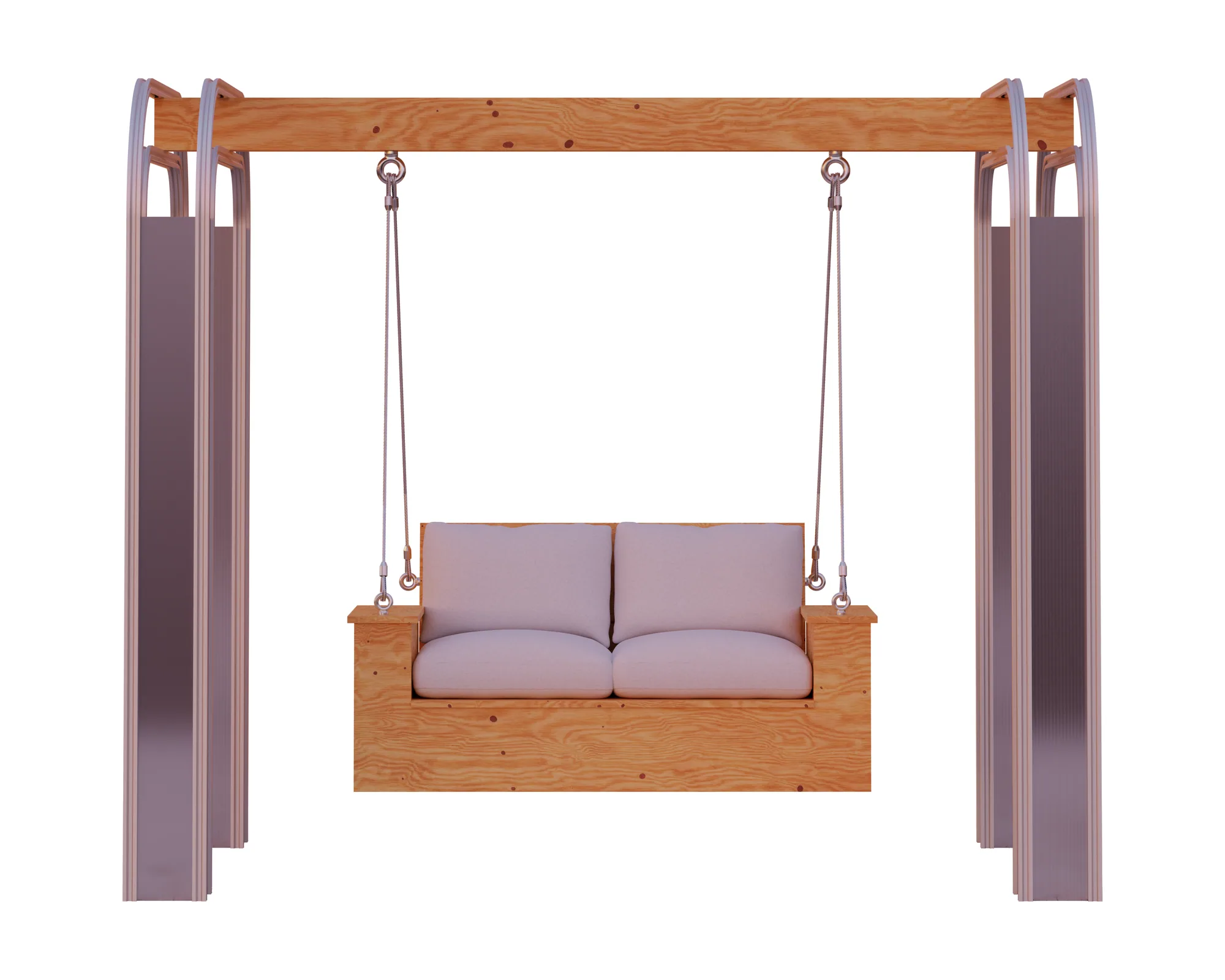 Front view of the swing: a timber sofa with pink cushions hanging in steel wires from a beam held up by arched aluminium profiles,