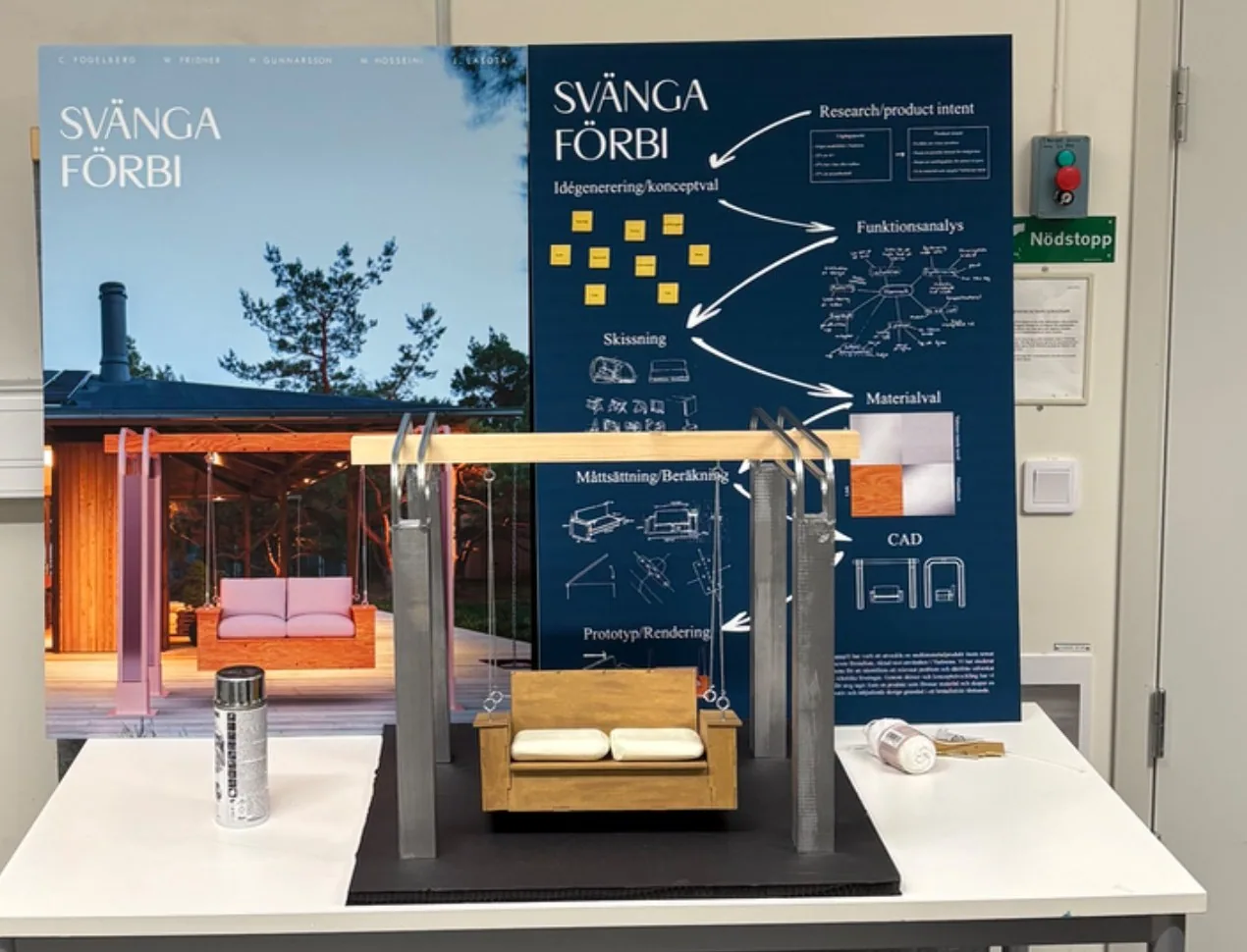 Scale model of the swing on a table in front of two posters titled Svänga förbi: a rendering of the swing and a process poster