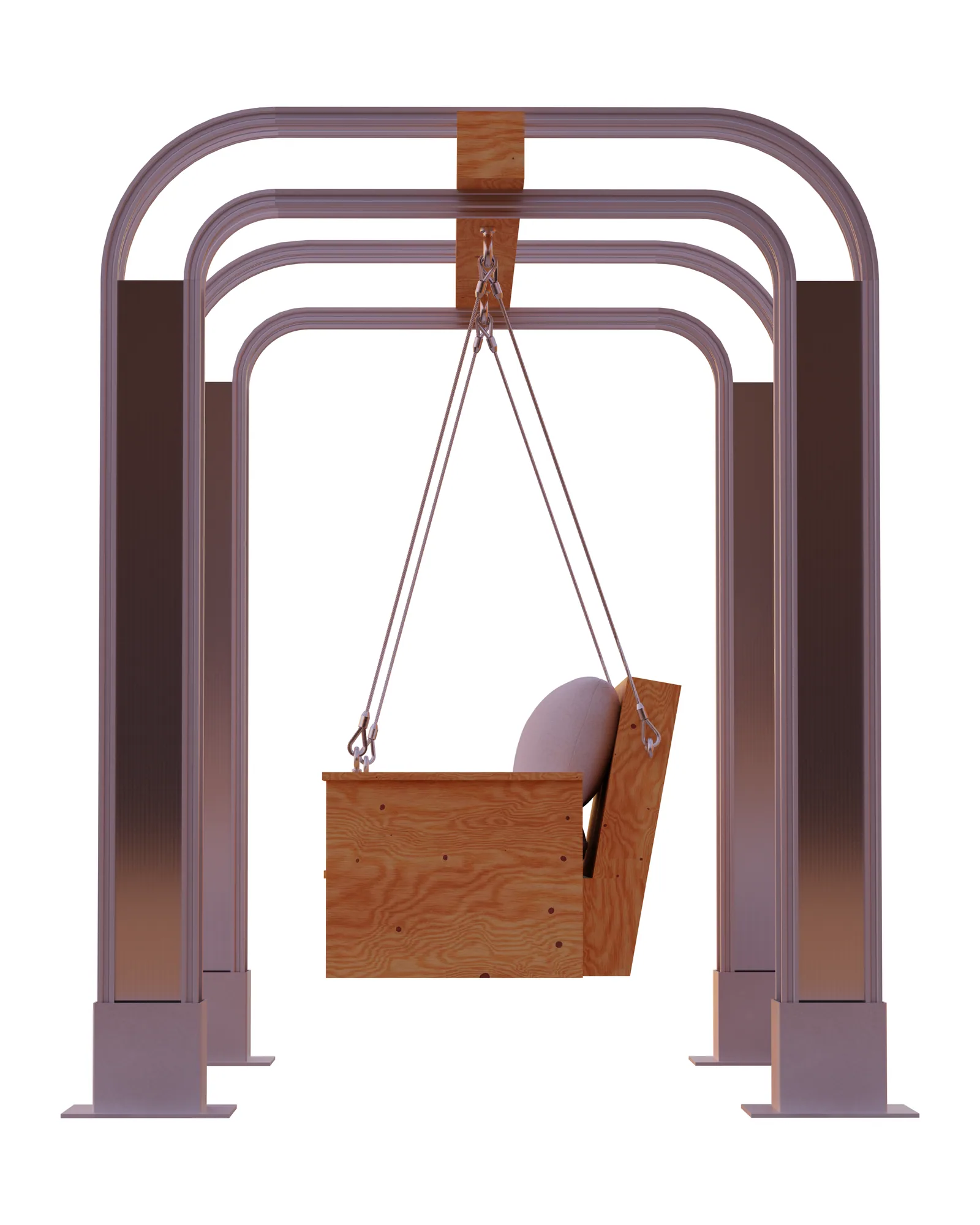 Side view of the swing: arched aluminium profiles, the wires meeting at one point in the beam, the sofa with a tilted backrest