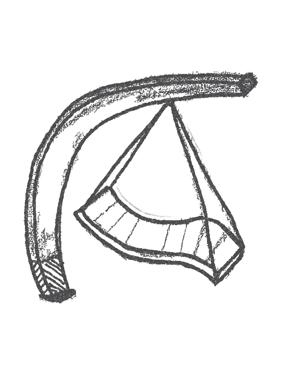 Ink sketch of a seat hanging in wires from one curved post