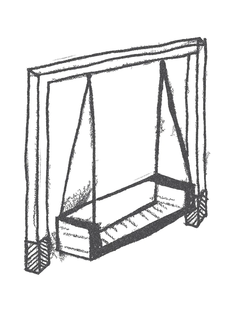 Ink sketch of a box seat hanging in a rectangular frame