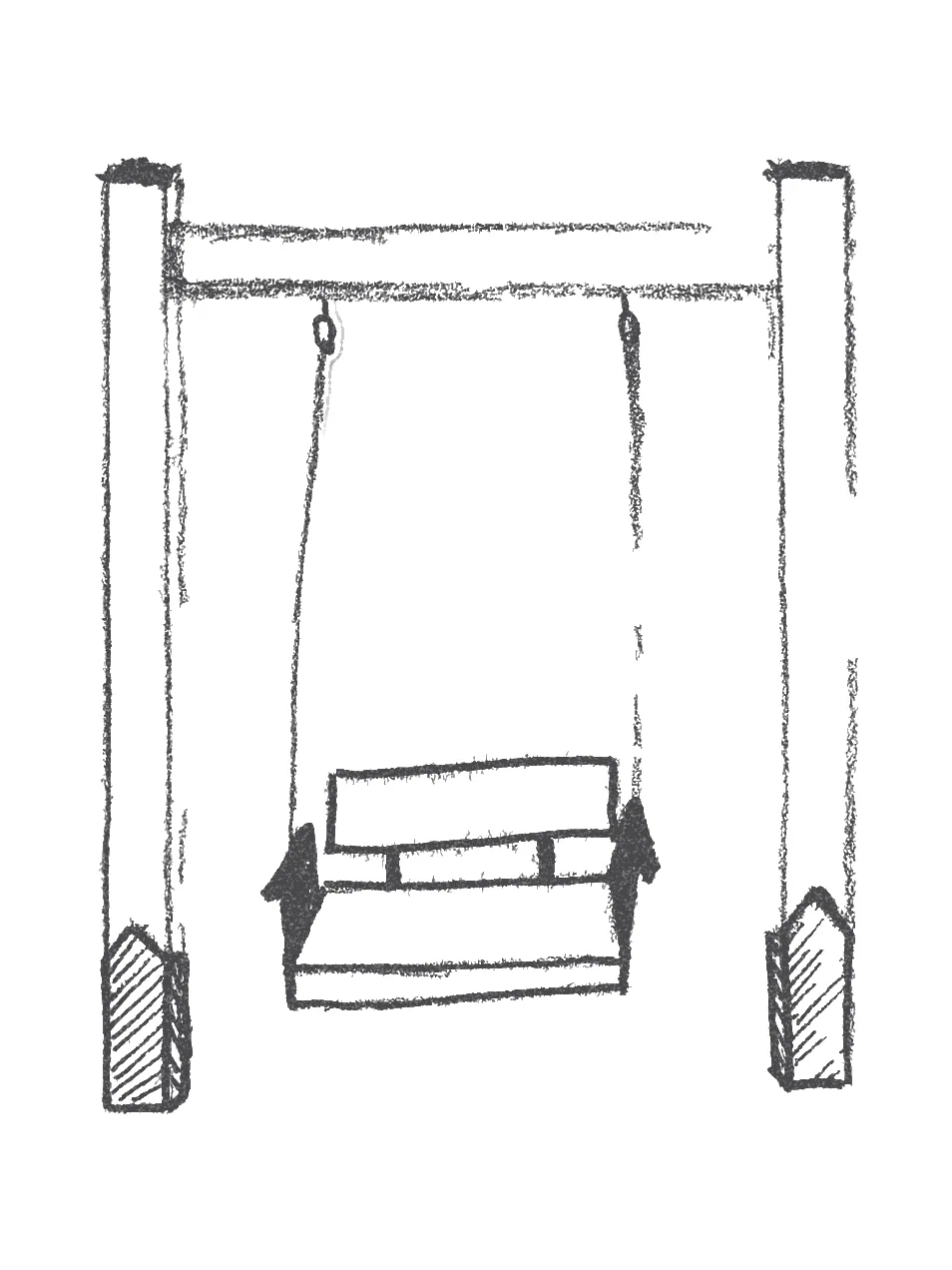 Pencil and ink sketch of a sofa hanging from a beam between two posts