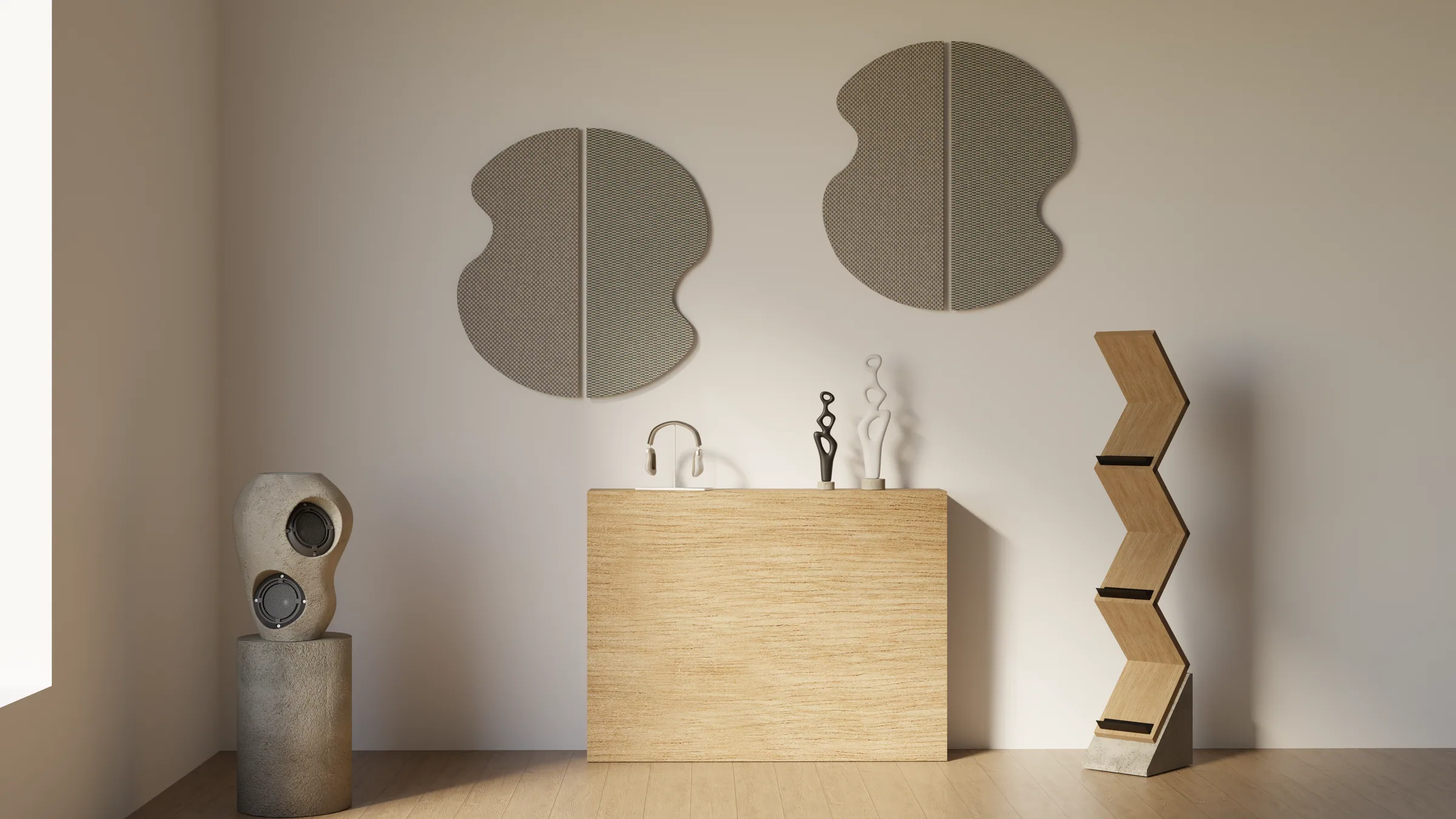 The Auris family in a room: the speaker on a plinth, the R4 headphones on a sideboard and two AURIS 45 panels on the wall